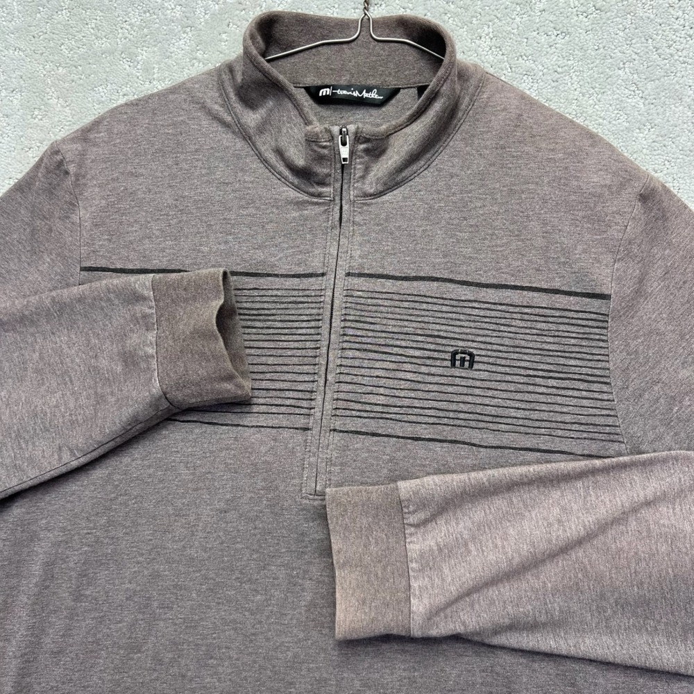 TravisMathew Pullover Sweater Mens Large Brown Heathered Stripe Quarter Zip Golf